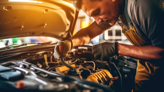 Homme réparant le moteur de la voiture