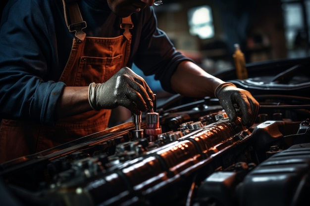 Un homme répare un moteur de voiture dans un garage