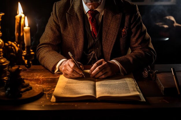 Un homme respectable en costume écrit dans un livre à la lumière des bougies.