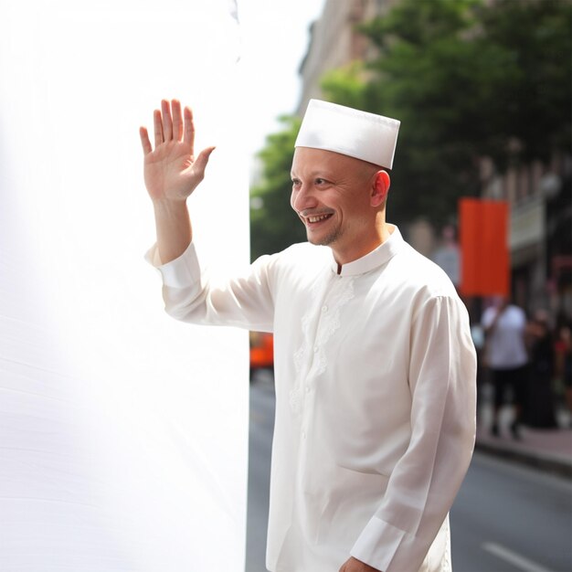 Photo un homme en robe blanche agite la caméra