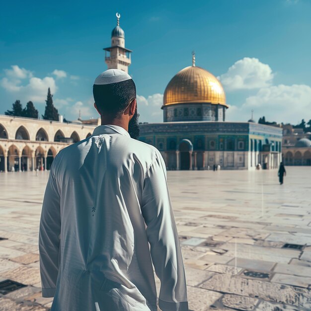 un homme en robe blanche se tient devant une mosquée