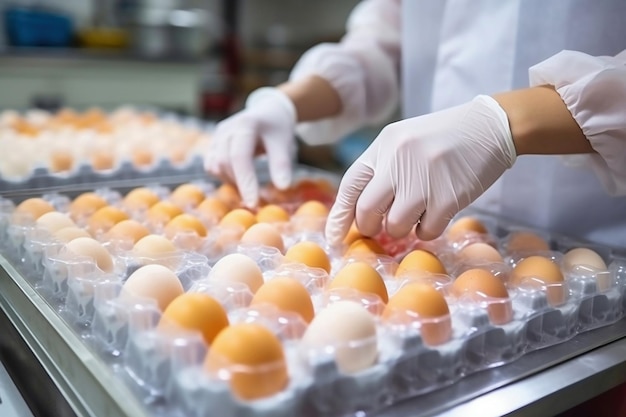 Un homme en robe de chambre et des gants trie les œufs de poule Les œufs de poule se déplacent le long du convoyeur à la ferme avicole Le concept de l'industrie alimentaire la production d'œufs de poule