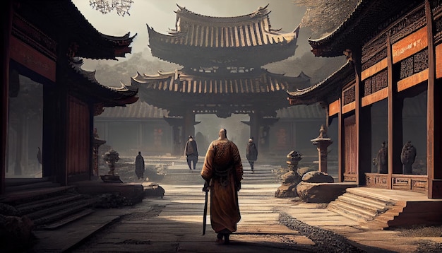 Un homme en robe chinoise traverse un temple avec un bâtiment chinois en arrière-plan.