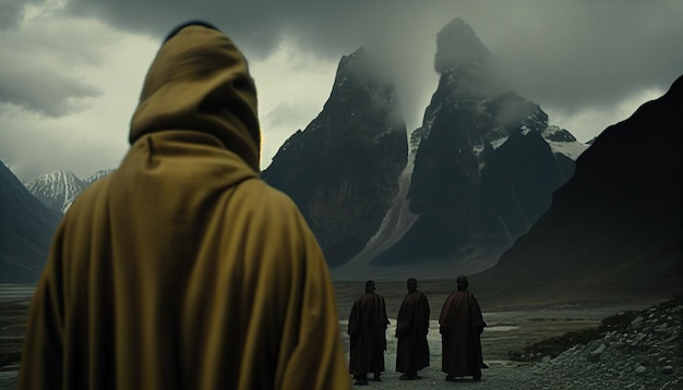 Un homme en robe jaune se tient devant une montagne avec les mots "la montagne" sur la gauche.