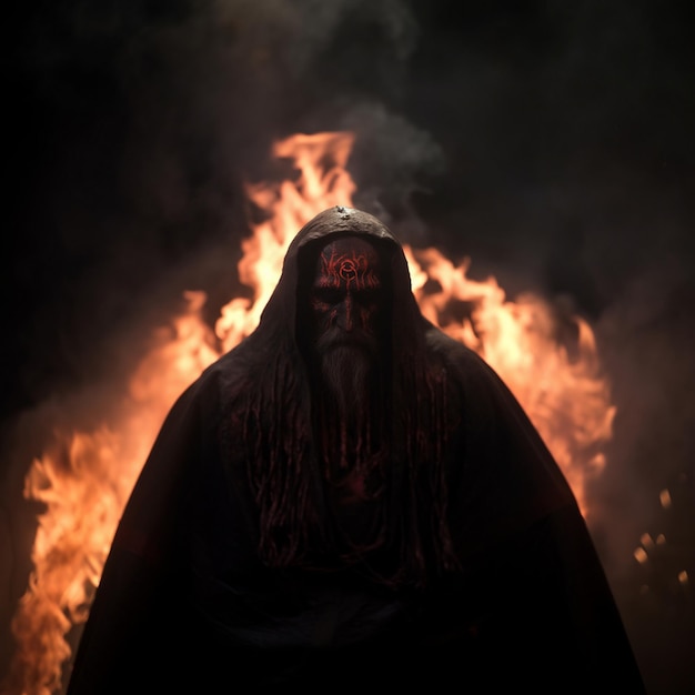 un homme en robe noire se tient devant un feu qui brûle.