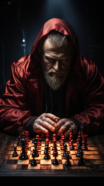 Photo un homme avec une robe rouge joue aux échecs avec une bougie allumée