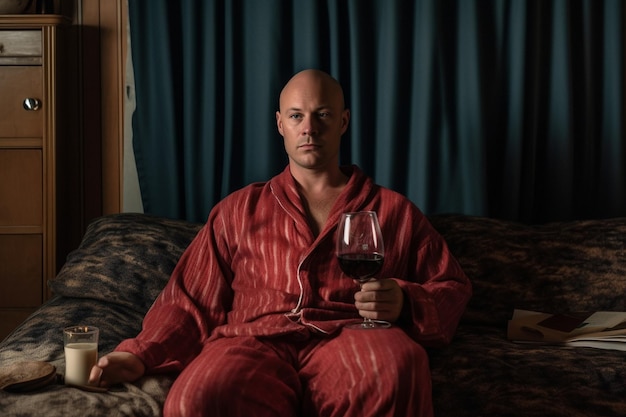 un homme en robe rouge tient un verre de vin.