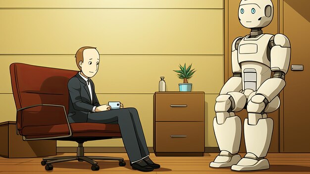 Photo l'homme et le robot ai attendent professionnellement un entretien d'embauche dans un bureau élégamment meublé