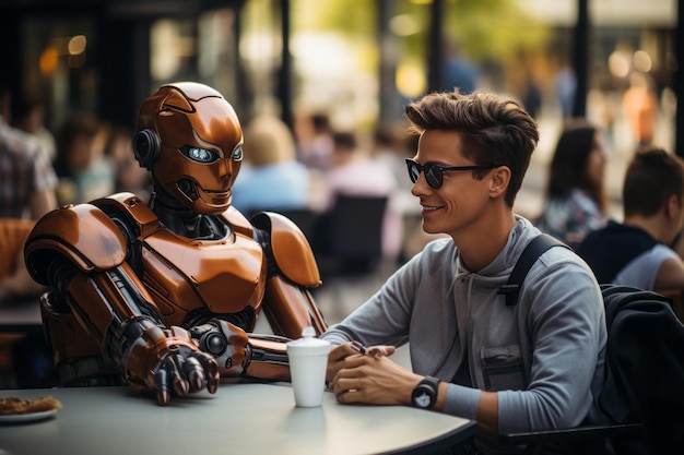 un homme avec un robot assis à une table avec une tasse de café