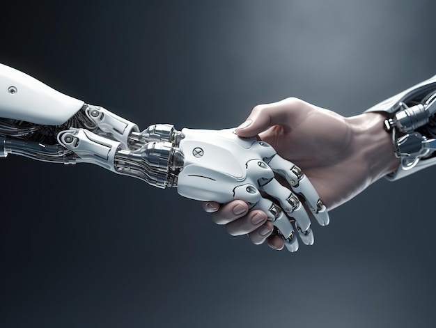 L'homme et le robot se serrent la main et l'avenir opportunement pour les futurs emplois de l'IA industrie mock up design