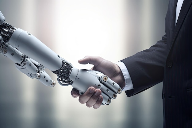 L'homme et le robot se serrent la main La technologie rencontre l'humanité L'IA générative