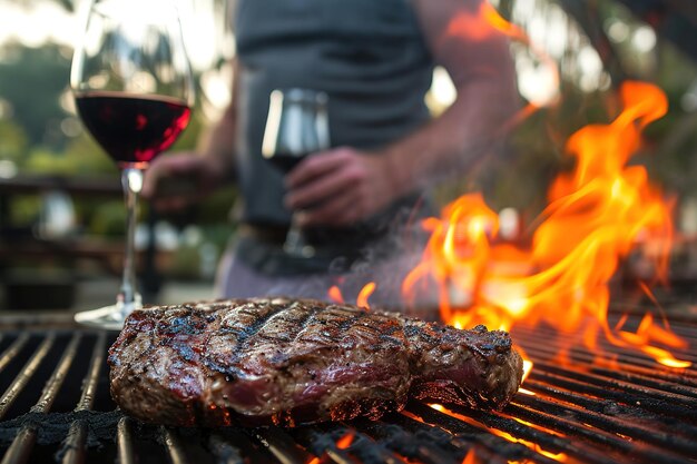 Un homme rôte un steak sur un feu de gril et boit du vin rouge