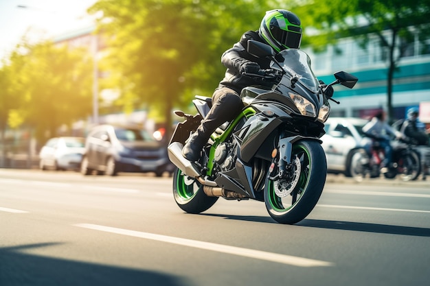 Un homme roulant rapidement sur une moto sportive moderne dans une rue de la ville Liberté et aventure de motocycliste AI générative