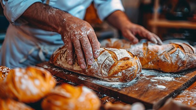 un homme roule du pain sur une table avec un couteau