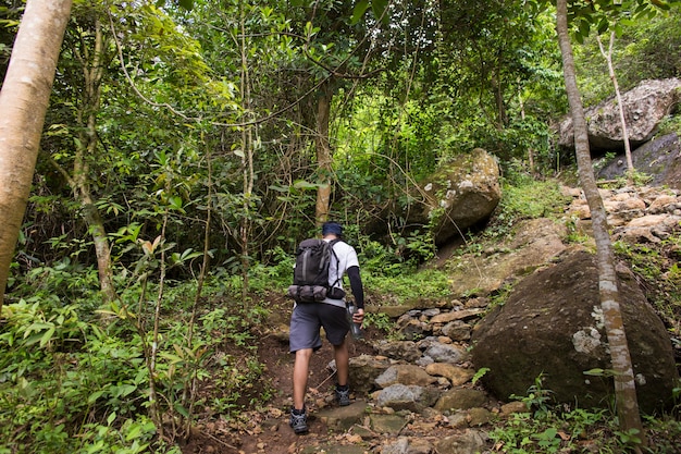 Un homme routard voyage seul, avec un sac à dos dans les montagnes