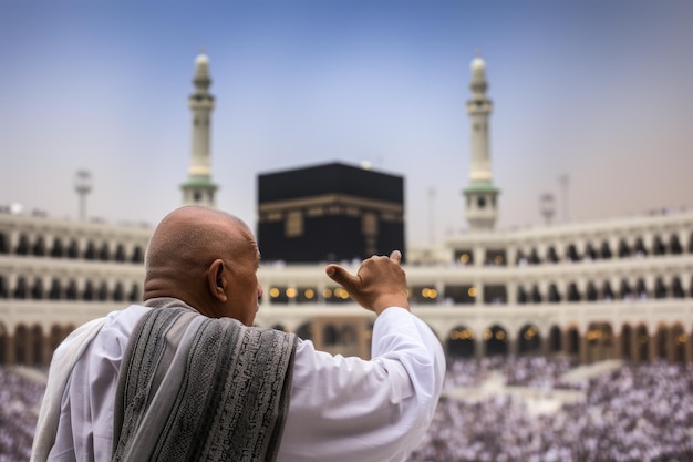 Un homme s'adressant avec confiance à un grand groupe de personnes lors d'un événement public Un homme en pèlerinage effectuant le hajj ou l'umrah devant la Kaaba