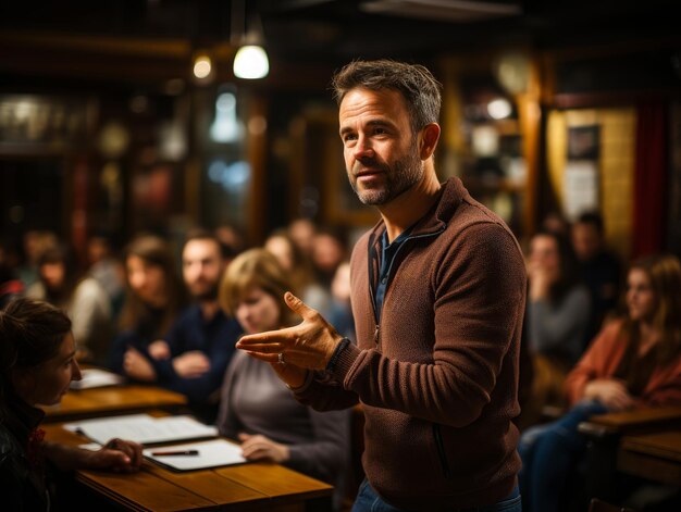 Un homme s'adresse à un groupe dans un bar.