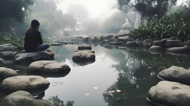 Photo un homme s'asseoir et méditer près de l'étang à poissons rocheux à l'extérieur du brouillard matinal brumeux