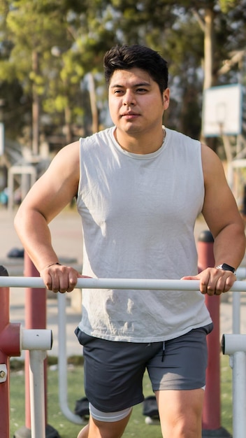 Homme s'entraînant dans une salle de sport en plein air, il est musclé et beau.