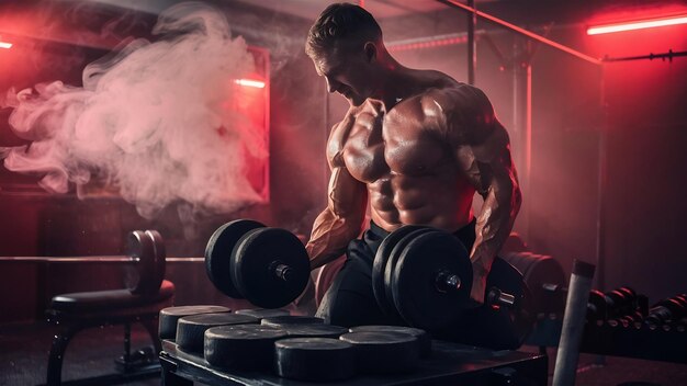 Un homme s'entraîne les muscles avec des haltères en studio sur un fond sombre avec de la fumée