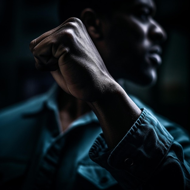 Un homme avec sa main dans un poing porte une chemise bleue.