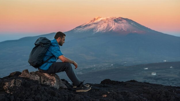 Photo un homme avec un sac à dos assis sur un rocher au coucher du soleil sur le volcan etna en sicile