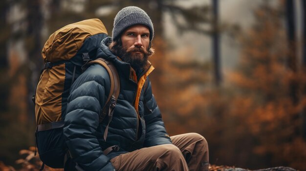 Un homme avec un sac à dos assis sur un rocher