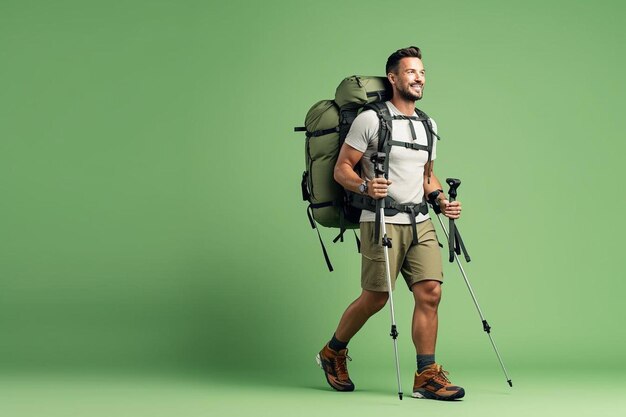 un homme avec un sac à dos et des bâtons de randonnée