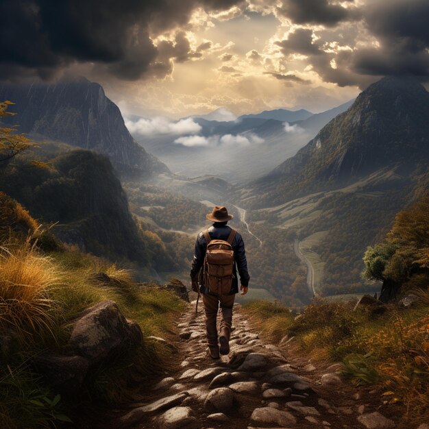 Un homme avec un sac à dos et un chapeau marche le long d'un sentier de montagne