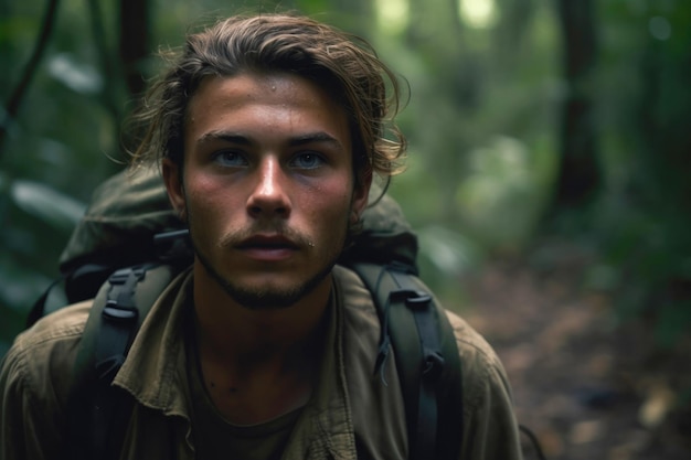 Un homme avec un sac à dos dans la forêt