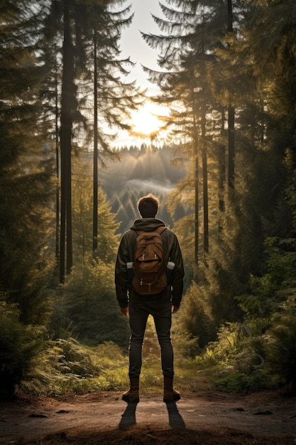 un homme avec un sac à dos debout sur un chemin entre de hauts arbres épais regardant la lumière