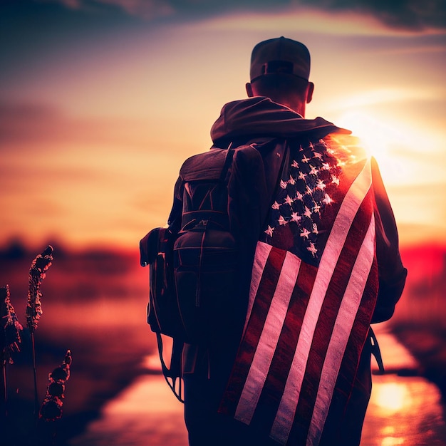 Un homme avec un sac à dos et un drapeau américain sur le dos se tient sur un chemin dans un champ Memorial Day