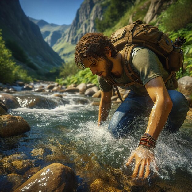 Un homme avec un sac à dos est debout dans une aventure de rivière