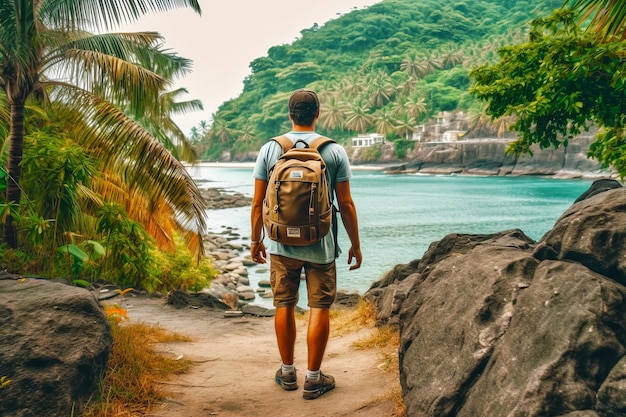 L'homme avec le sac à dos marche sur le chemin près de l'eau et des palmiers IA générative