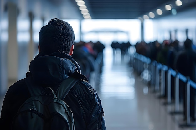 Photo un homme avec un sac à dos marche dans un aéroport bondé.