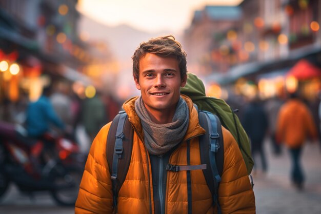 Un homme avec un sac à dos marche dans une rue animée en Chine.