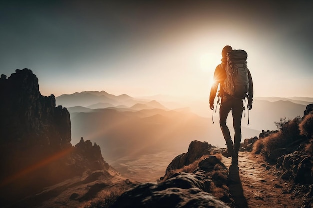 Un homme avec un sac à dos marche sur une montagne.