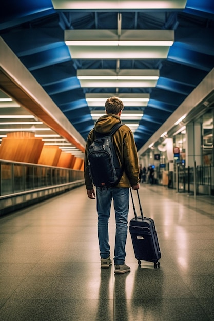 Un homme avec un sac à dos marche avec une valise dans un terminal.