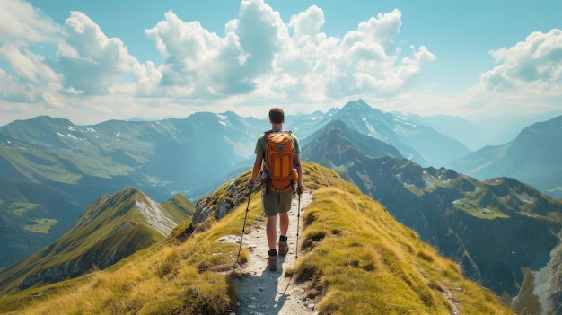 Un homme avec un sac à dos monte une colline