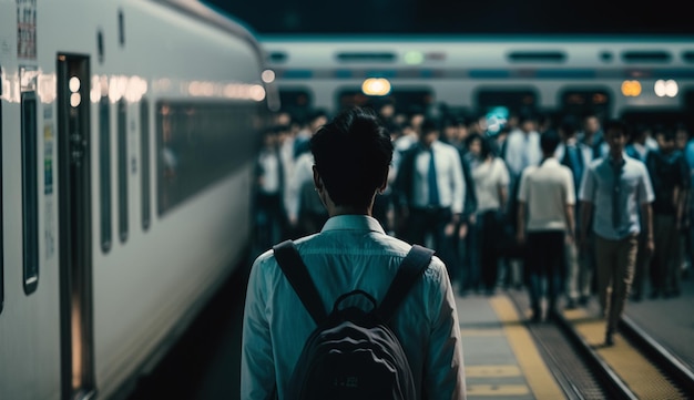 Un homme avec un sac à dos passe devant un train la nuit.