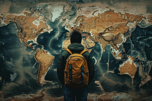 Photo un homme avec un sac à dos regarde une carte du monde