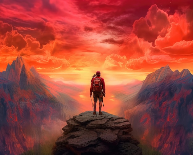 Un homme avec un sac à dos regarde un coucher de soleil rouge sur la montagne Generative AI