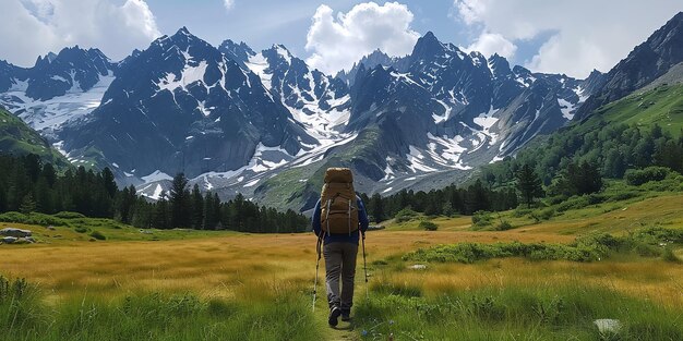 Un homme avec un sac à dos se promène dans l'étonnante forêt d'automne En randonnée seule le long des sentiers de la forêt de l'automne Concept de voyage