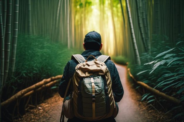 Un homme avec un sac à dos se promène dans la forêt de bambous pendant la journée Generative AI