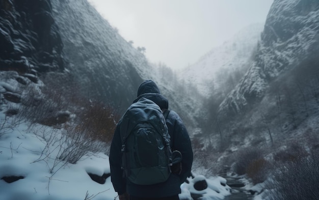 Un homme avec un sac à dos se promène dans une forêt de montagne enneigée randonnée aventure en plein air générée par ai
