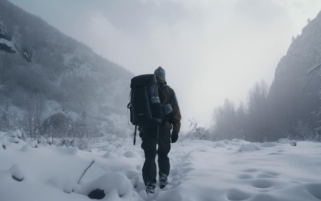 Un homme avec un sac à dos se promène dans une forêt de montagne enneigée randonnée aventure en plein air générée par ai