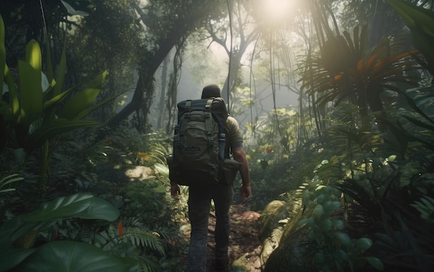 Un homme avec un sac à dos se promène dans la forêt tropicale de la jungle voyageur randonnée aventure en plein air ai généré