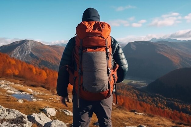 Un homme avec un sac à dos se tient au sommet d'une montagne en regardant les montagnes.