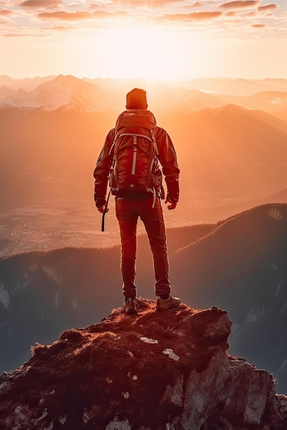 Un homme avec un sac à dos se tient au sommet d'une montagne et regarde le paysage avec des chaînes de montagnes