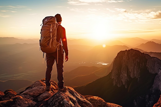 Un homme avec un sac à dos se tient au sommet d'une montagne et regarde le paysage avec des chaînes de montagnes